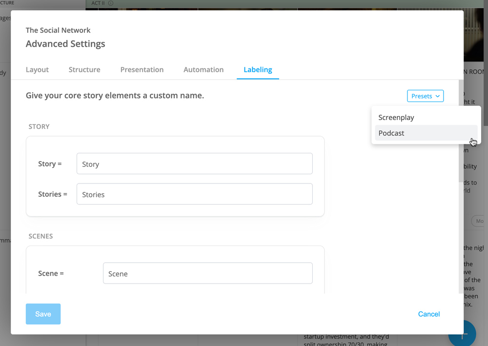 Labeling settings