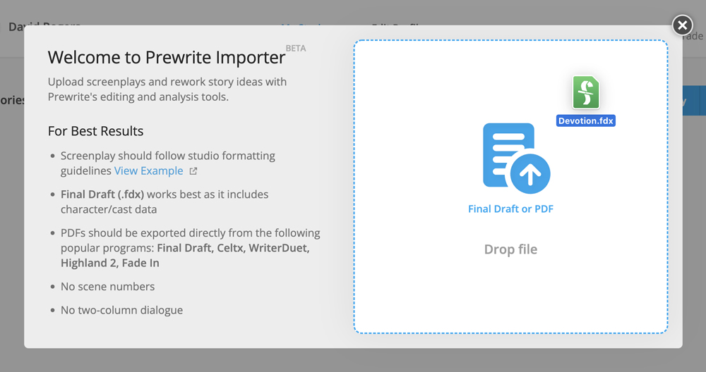 Screenplay importer drop zone