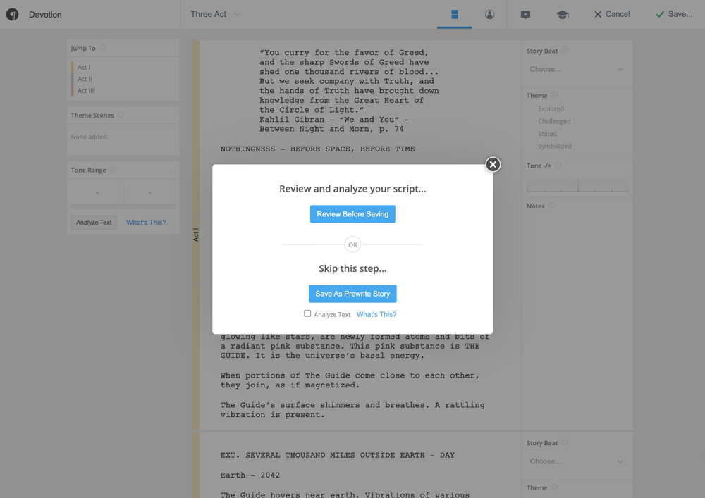Screenplay importer prompt